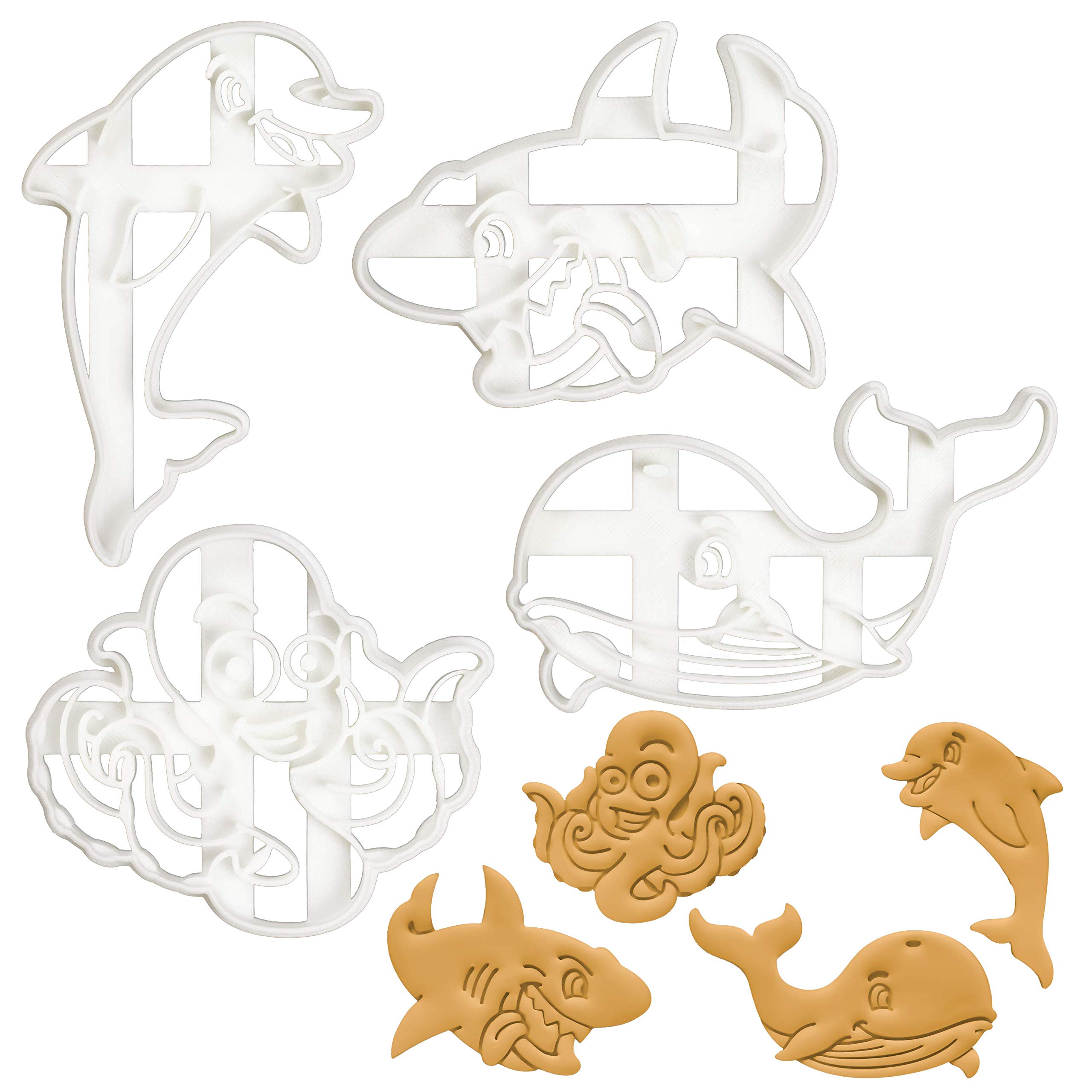 BAKERLOGY Set of 4 Cute Marine Animals Cookie Cutters (Designs: Dolphin, Whale, Octopus and Shark) - Detailed Biscuit Cutter Design for Baking and Crafts, Ideal on Fondant, Dough, Clay