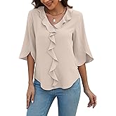 Blooming Jelly Womens Dressy Casual Blouses 3/4 Sleeve V Neck Ruffle Tops Business Ladies Summer Trendy Fashion Work Shirt