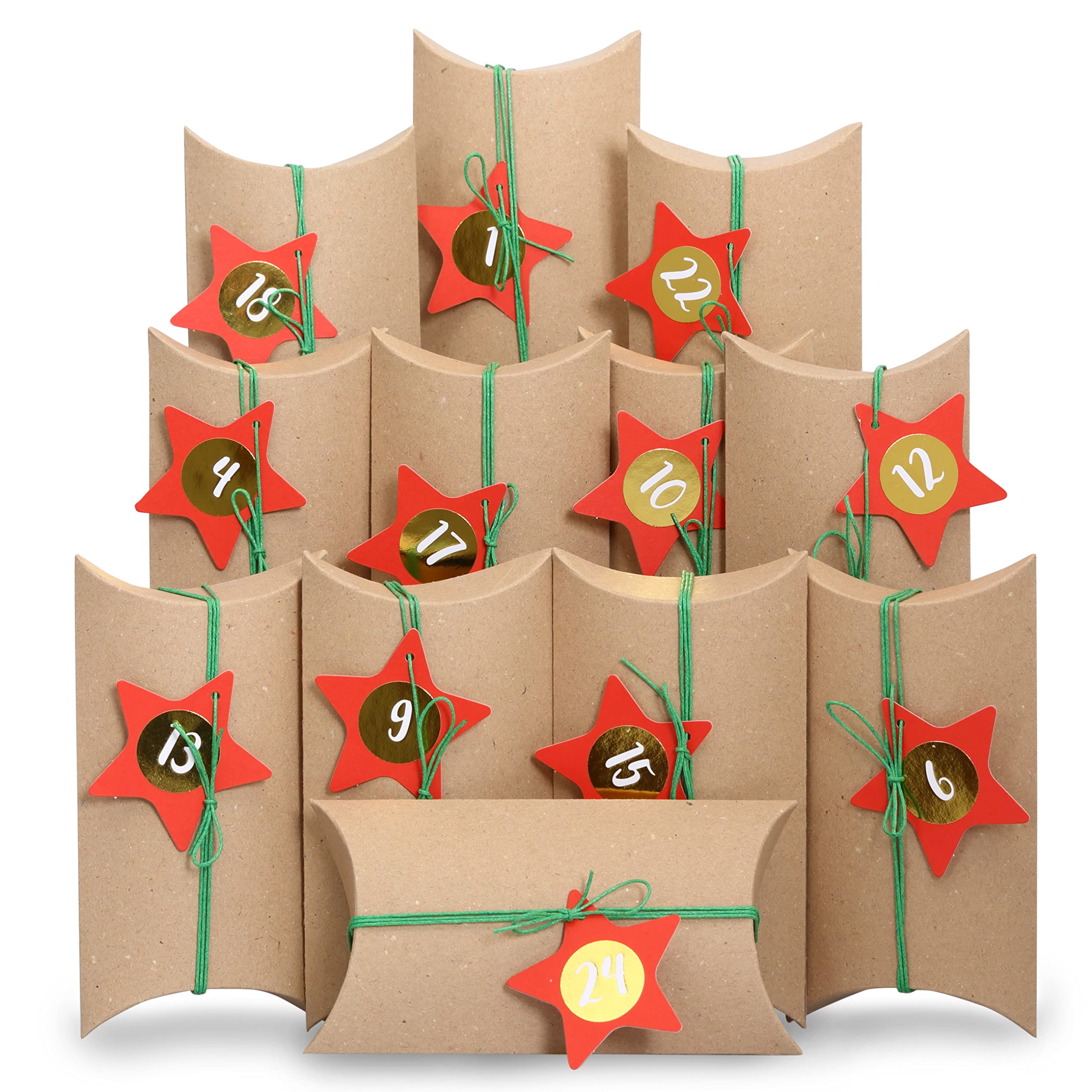 Papierdrachen Advent Calendar 2025 - Brown Pillow Boxes with Gold Number Stickers and Red Stars and Green Ribbon - DIY Set for Filling