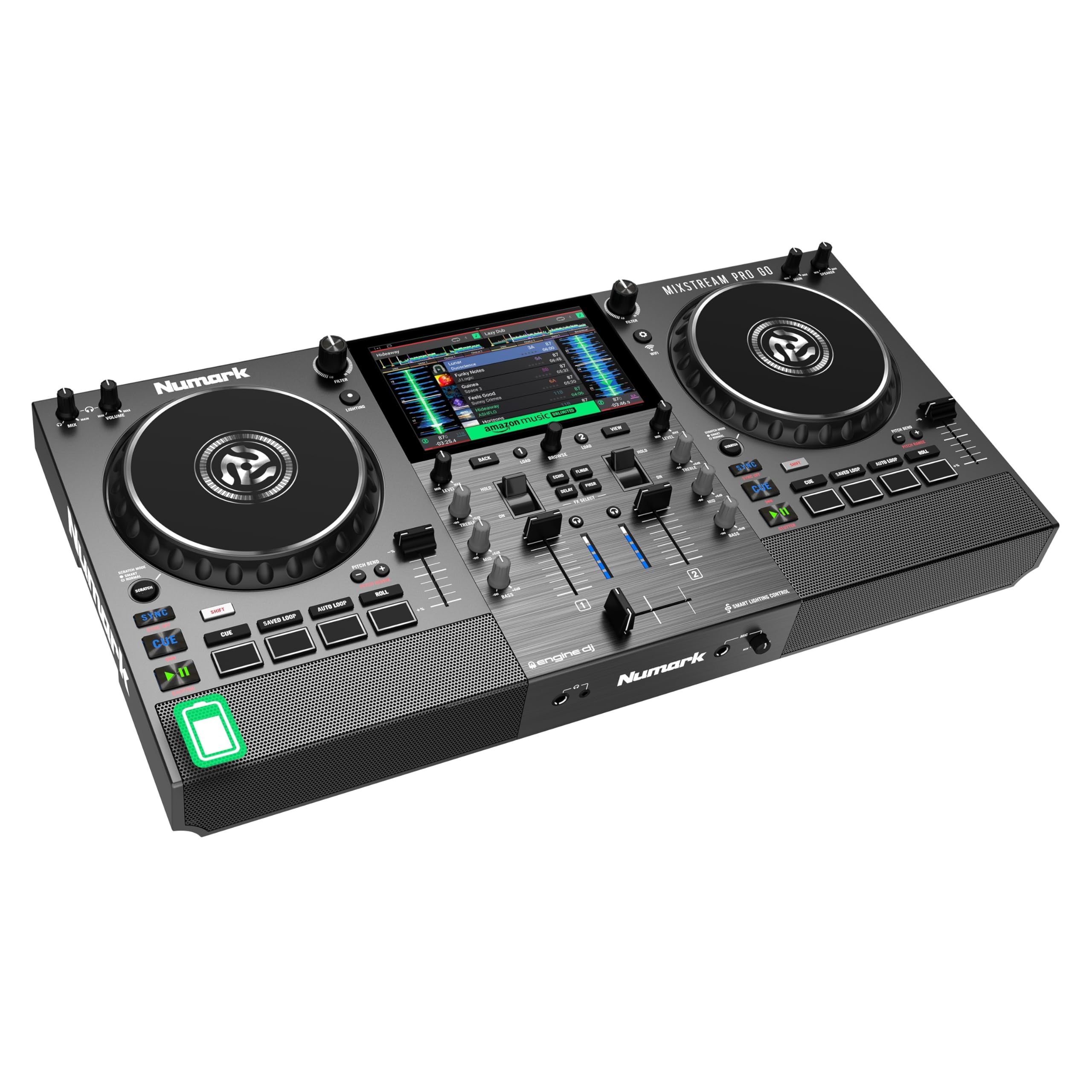 Numark Mixstream Pro Go Controlador DJ Portátil con Batería, Mezclador con Separación de Vástagos, Altavoces, Streaming WiFi, Pantalla Táctil, Funciona con Serato DJ