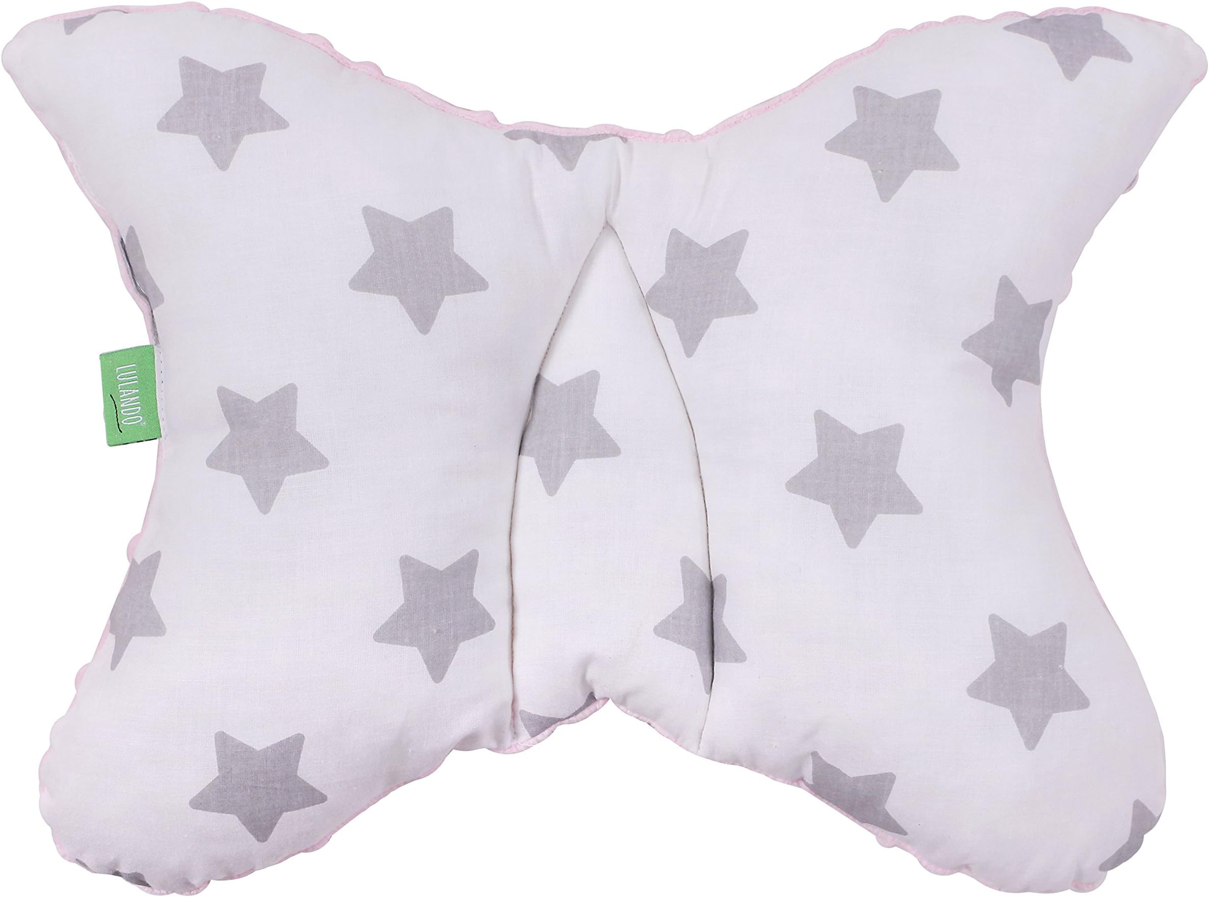 LULANDO Super Soft Minky Pram Pillow 40 x 30 cm , Baby Pillow, Head Support Pillow, Pram Cushion, Anti-Shake Pillow for Newborns and Babies, Colour: Pink - Grey Stars