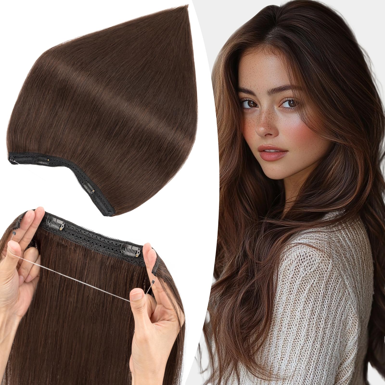 S-noilite Wire Hair Extensions Human Hair Dark Brown Invisible Fish Line Hair Extensions Real Hair One Piece Human Hair Extensions 20 Inch 70g
