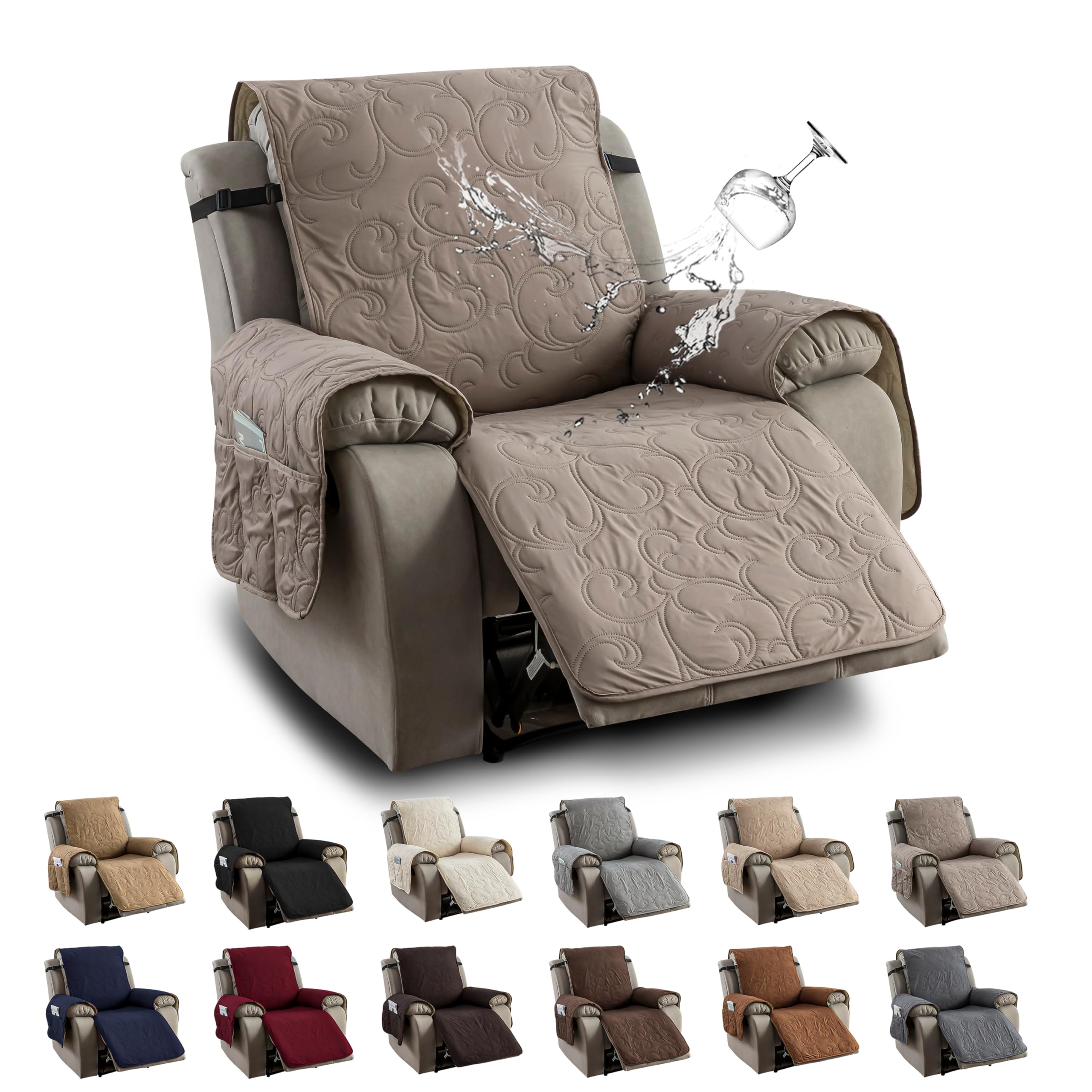 YUEANG 100% Waterproof Recliner Chair Cover, Recliner Chair Covers for Reclining Chair, Non-Slip Fabric Recliner Couch Cover for Living Room, for Pets Kids Protector, Washable (Taupe, 30")