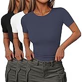 Ekouaer Women Short Sleeve Shirts Lightweight Basic Tops Ribbed Knit Outfit Tees Crew Neck T-Shirts Work Out Blouse