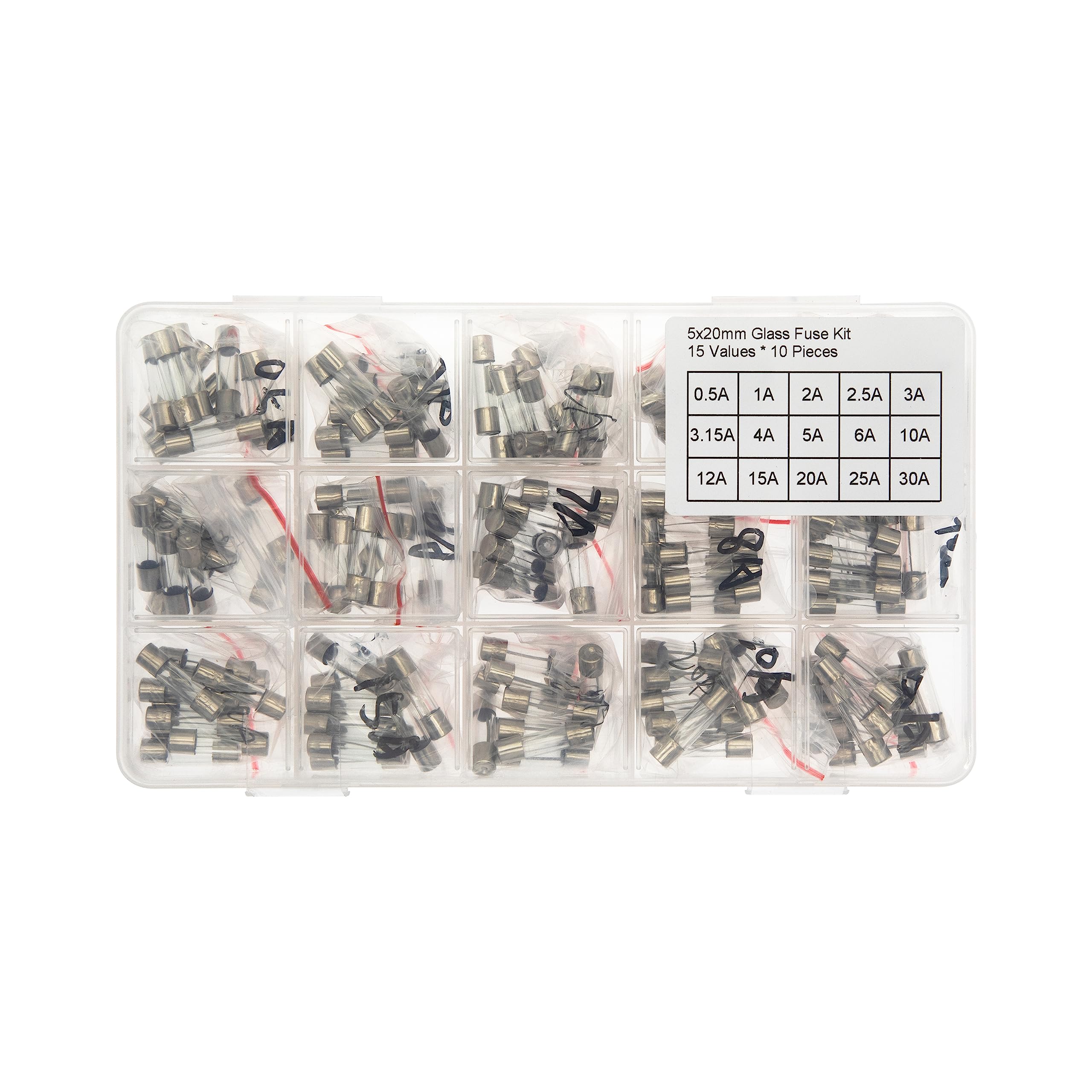 15 Values * 10 Pieces 5x20mm 250V Glass Fuse Kit 0.5A 1A 2A 2.5A 3A 3.15A 4A 5A 6A 10A 12A 15A 20A 25A 30A