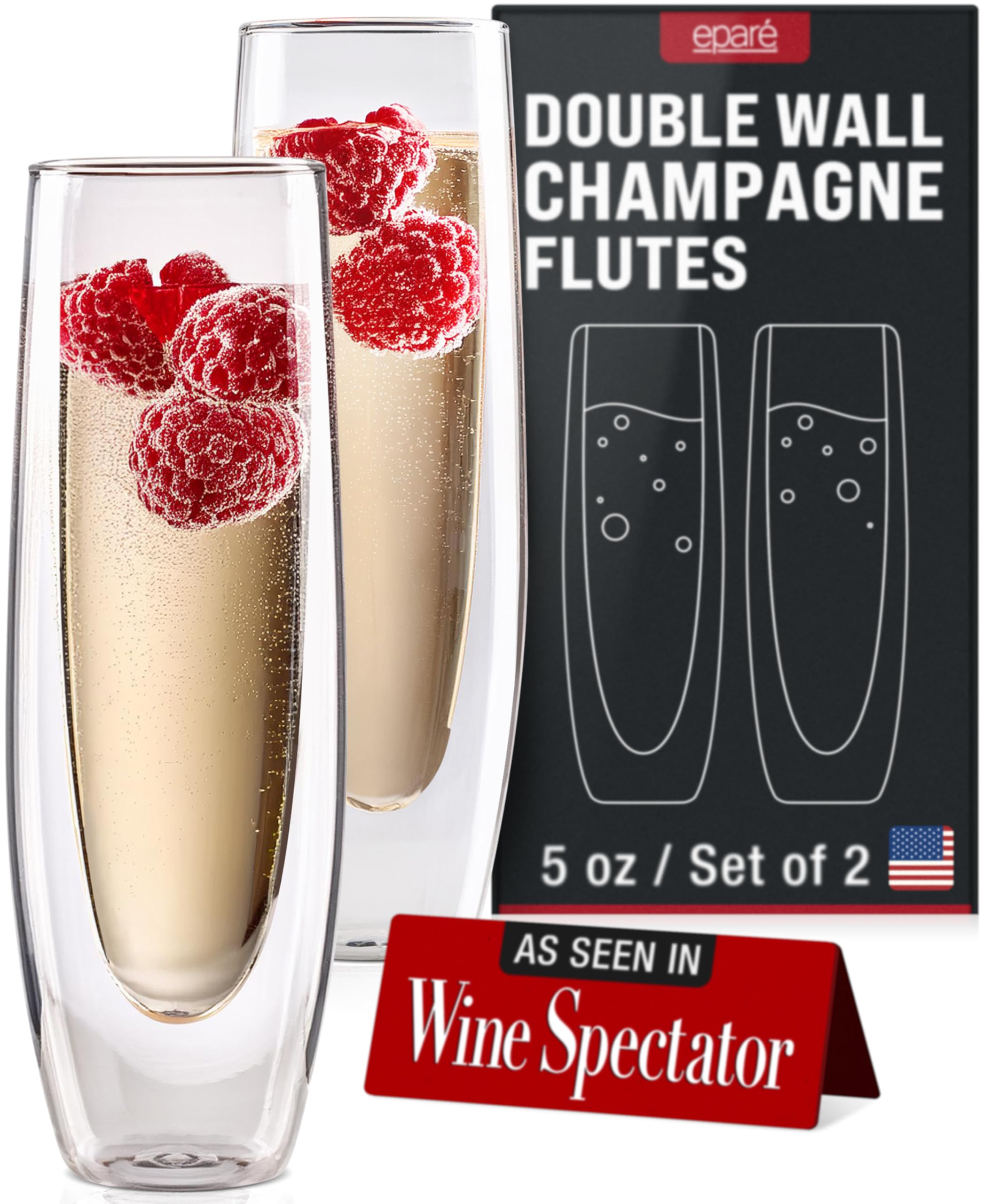 Eparé Champagne Flutes - 5oz Set of 2 Prosecco Glasses - Stemless Red Wine Glasses - Flute for Weddings and Bridal Showers Gift