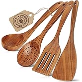 YTYOTO Natural Teak Wood Cooking Utensils Set - 4pcs Wooden Spoons for Cooking with Ladle, Spatula, and Slotted Spoon, Premium Kitchen Tools for Chefs