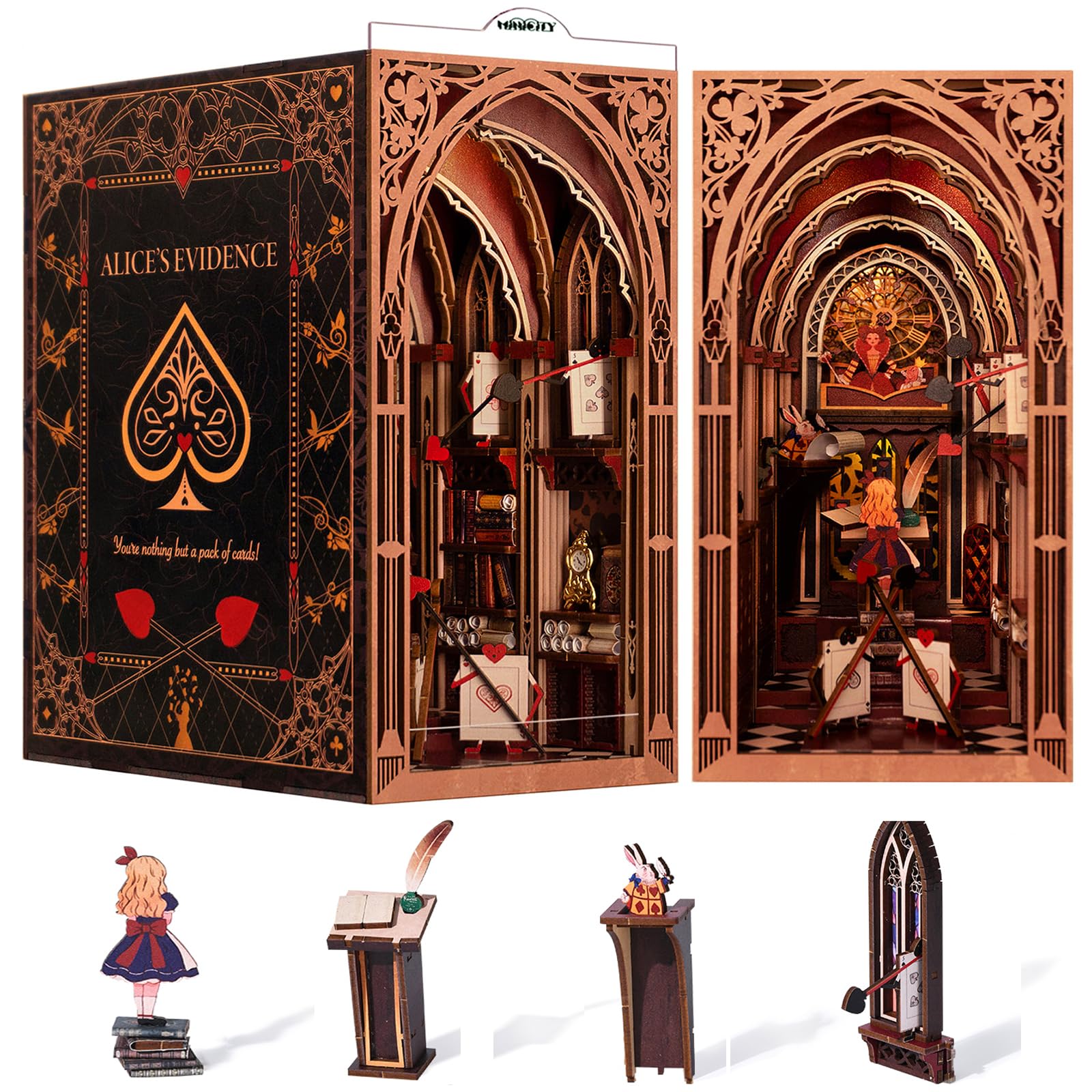 Photo 1 of ???????? Book Nook Kit, DIY Miniature Dollhouse Booknook Kit, 3D Wooden Puzzle Bookend Bookshelf Insert Decor with LED Light for Teens and Adults (Alice in Wonderland)