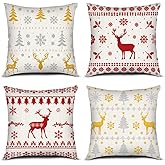 PICKFORU Christmas Throw Pillow Covers 18x18 Inch, Set of 4 Square Winter Holiday Deer Christmas Pillow Covers for Sofa Bedroom Living Room
