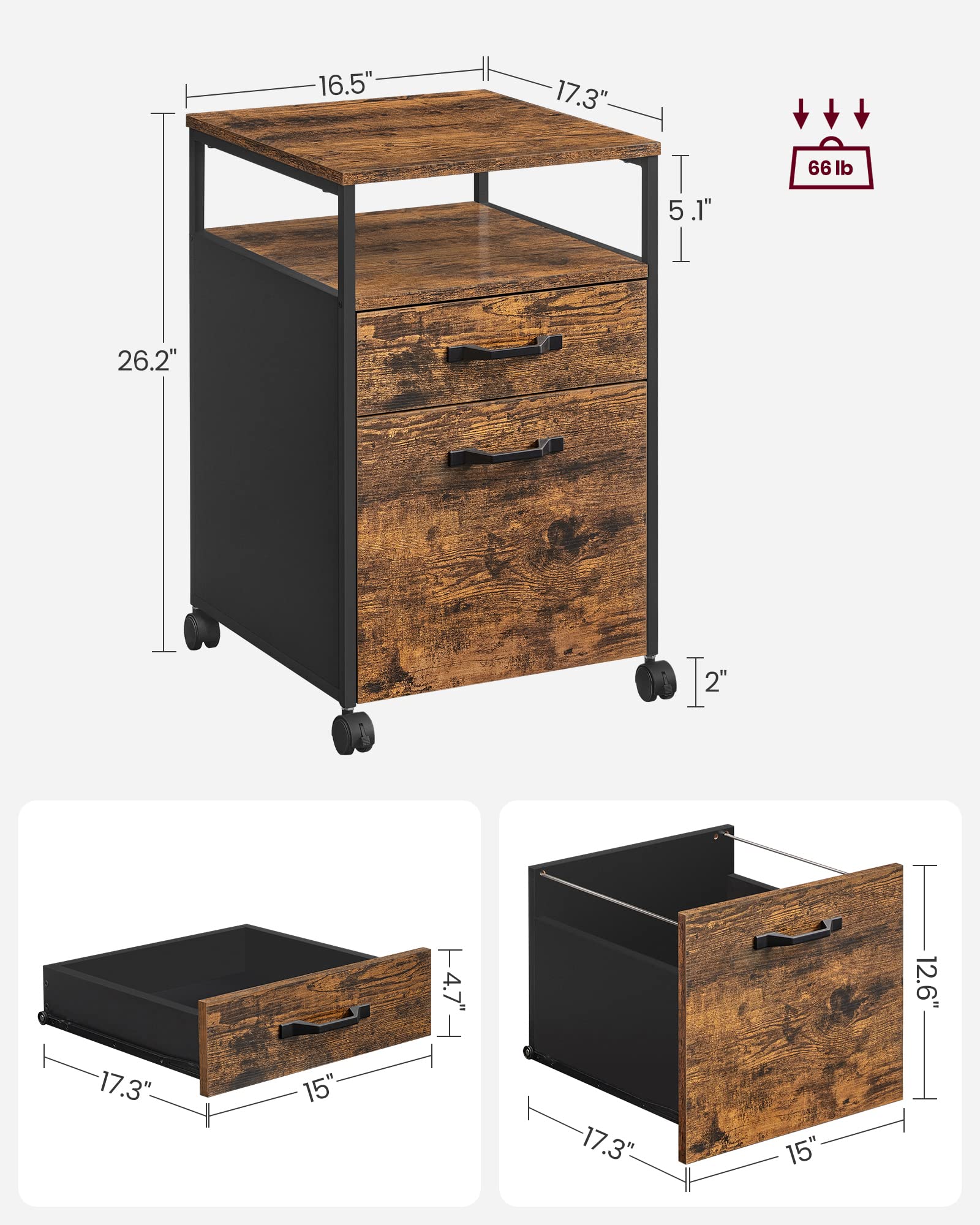 VASAGLE File Cabinet, Mobile Filing Cabinet with Wheels, 2 Drawers, Open Shelf, for A4, Letter Size, Hanging File Folders, Rustic Brown and Ink Black UOFC71X