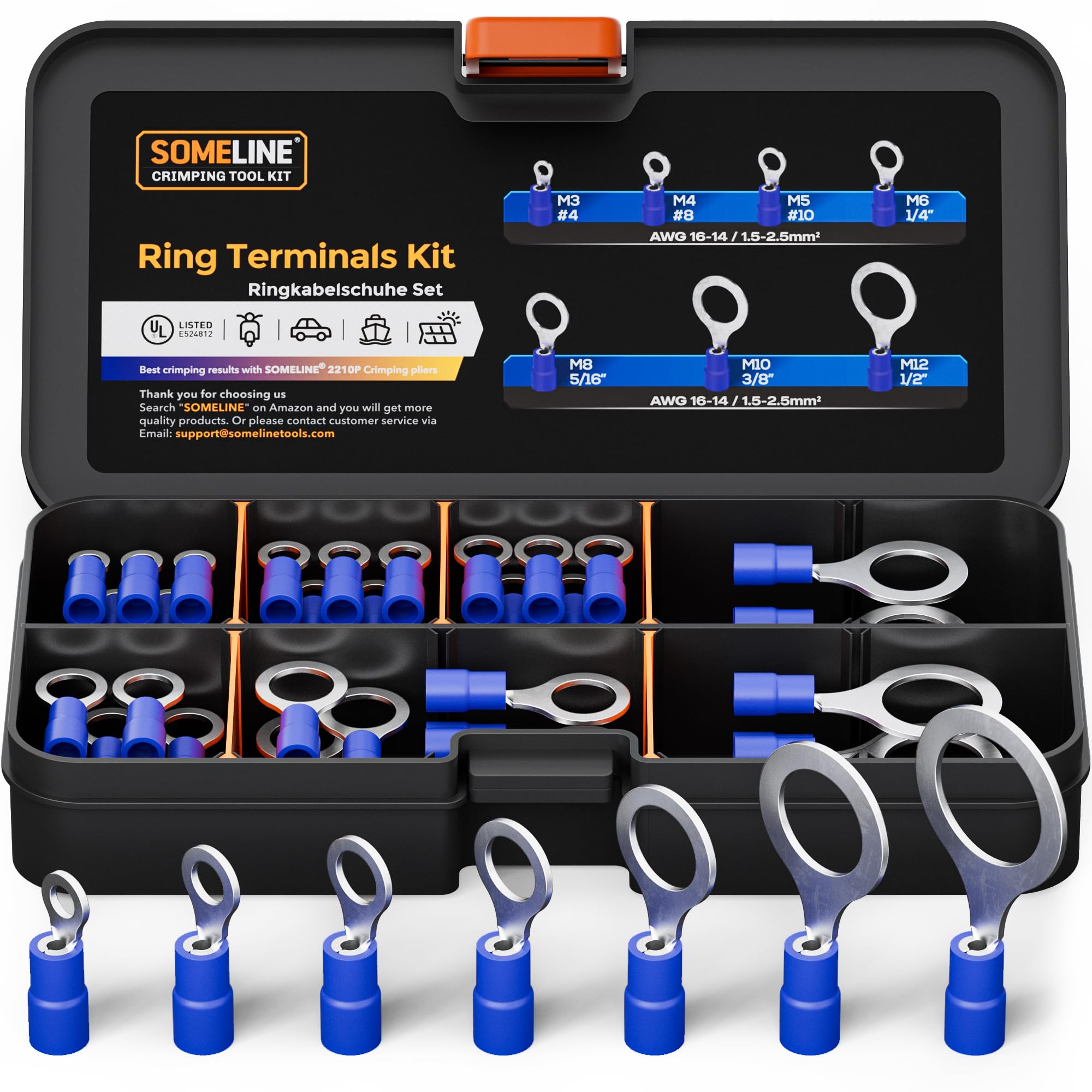 Ring cable lugs 1.5-2.5 mm² cable lug set blue hole Ø M3 M4 M5 M6 M8 M10 M12 crimp connector partially insulated PVC cable connector made of tinned copper SOMELINE® ring cable lugs 7 size 60 pieces