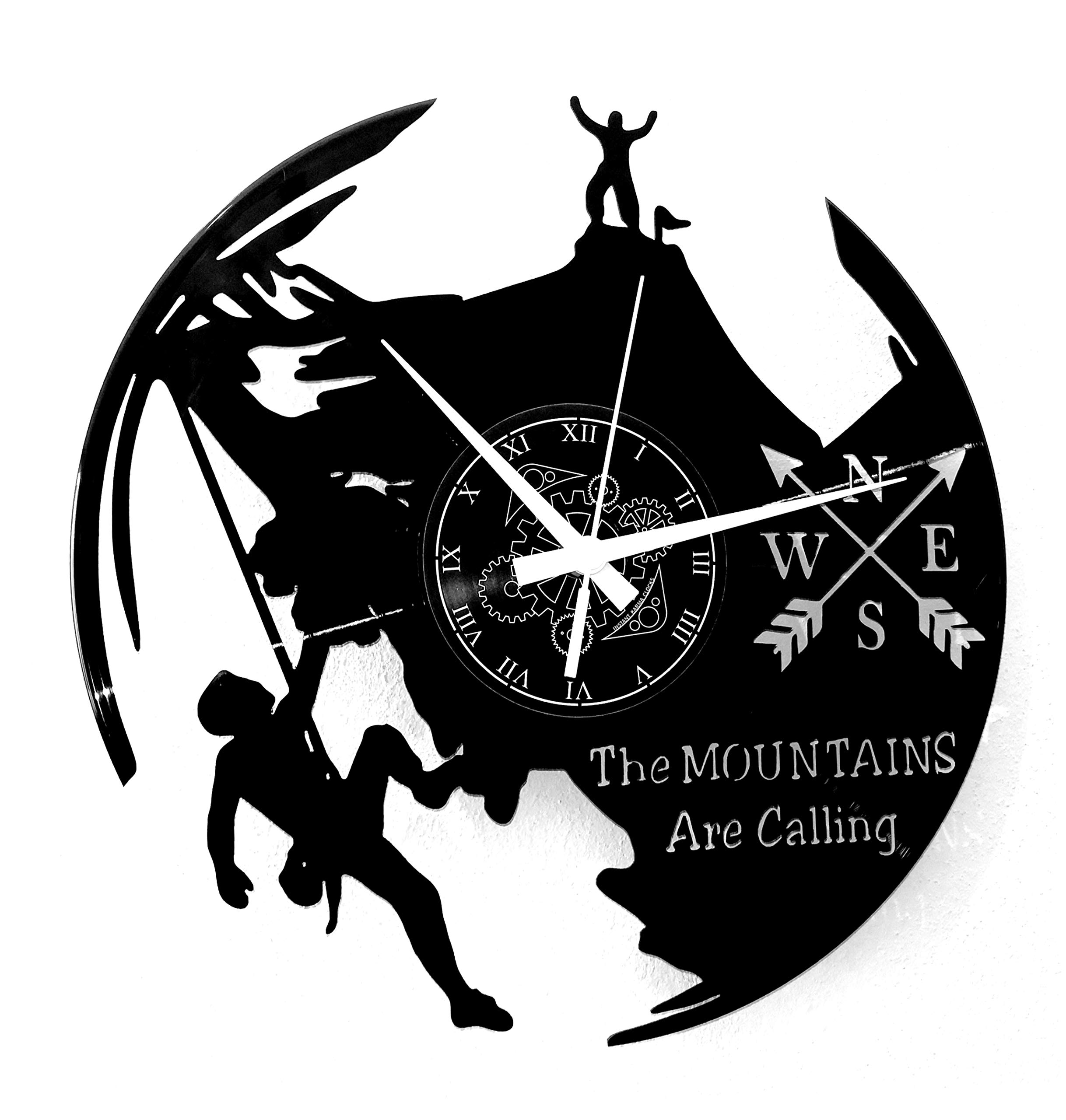 Instant Karma Clocks | Mountain Climbing Trekking Wall Clock with Hiker Silhouette and Compass | Silent Quartz Movement | Perfect for Outdoor Enthusiasts and Nature Lovers