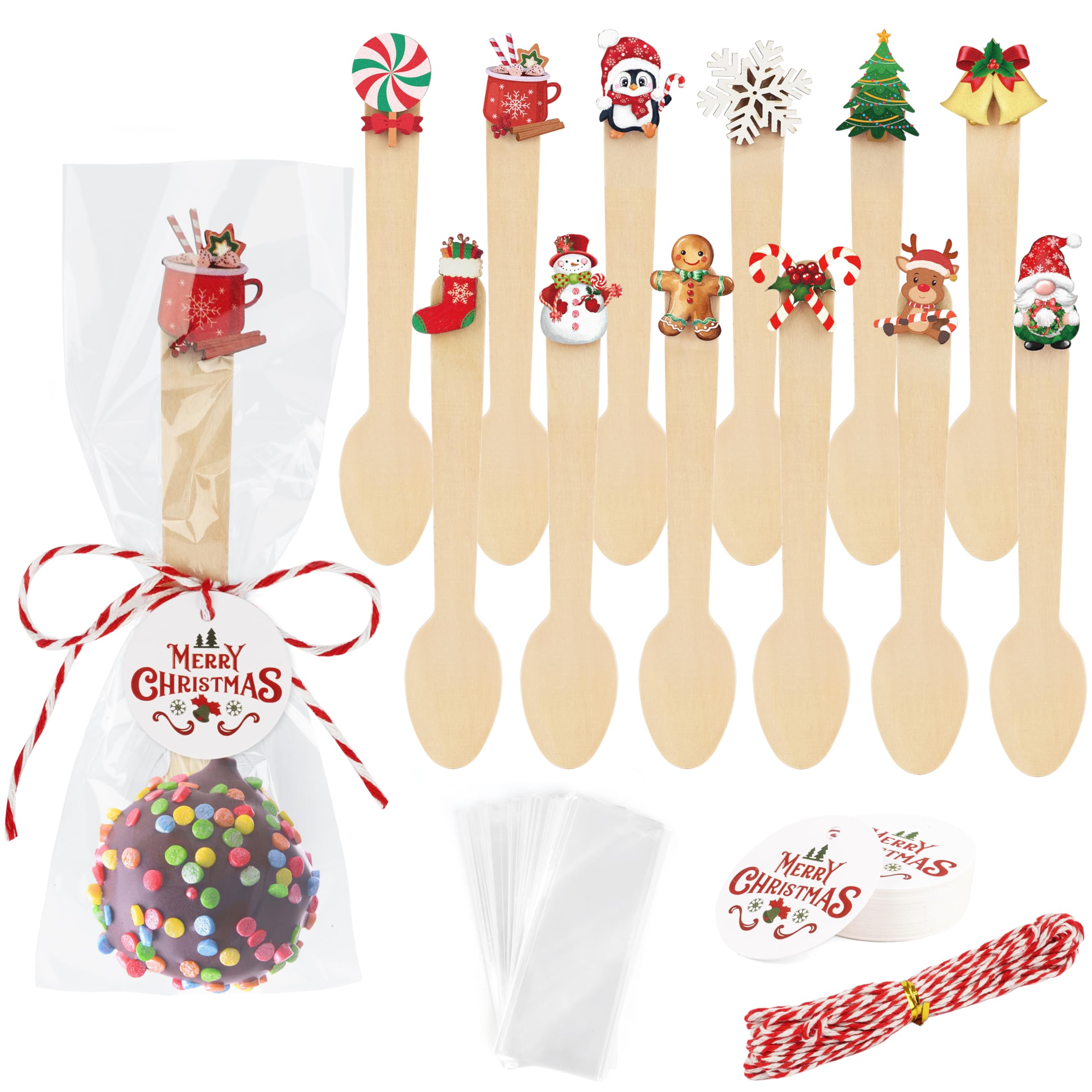 Photo 1 of 120 Pcs Christmas Wooden Spoons Disposable Christmas Hot Chocolate Spoons Hot Cocoa Stirring Spoons with Gift Tags and Bags for Coffee Cake Ice Cream Tasting Party Holiday Hot Chocolate Bar Supplies