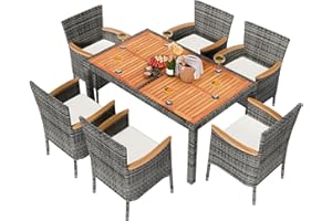 Shintenchi 7 Pieces Patio Dining Set, Wicker Patio Furniture Set with Soft Cushions and Wood Table Top, Outdoor Dining Table and Chairs for Backyard, Deck and Garden, Grey Rattan