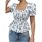 Floerns Women's Floral Print Puff Sleeve Peplum Tops Square Neck Shirred Ruffle Hem Blouses