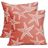 Kawani Beach Coral Starfish Pillow Covers 18X18 Inch Summer Nautical Coastal Ocean Decorative Pillow Cases Set of 2 Cotton Linen Throw Pillows Seasonal Home Decor for Sofa Couch Cushion Outdoor