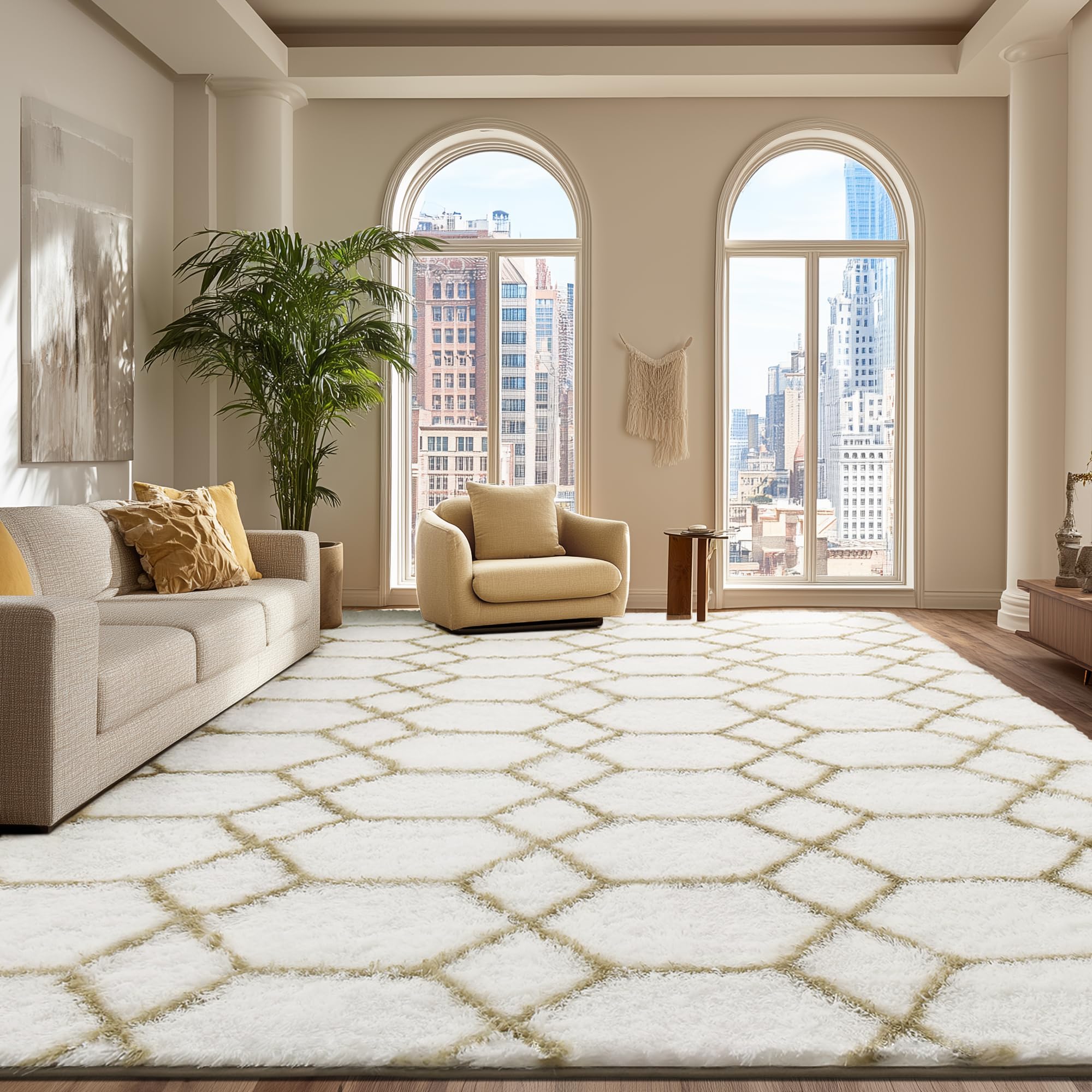 Photo 1 of ARKIIKI Large Rugs for Living Room, 8x10 White and Beige Fluffy Bedroom Area Rug, Shag Geometric Soft Fuzzy Carpets Big Kids Room Rug, Non-Slip Plush Modern Rug for Office Home Decor Aesthetic
