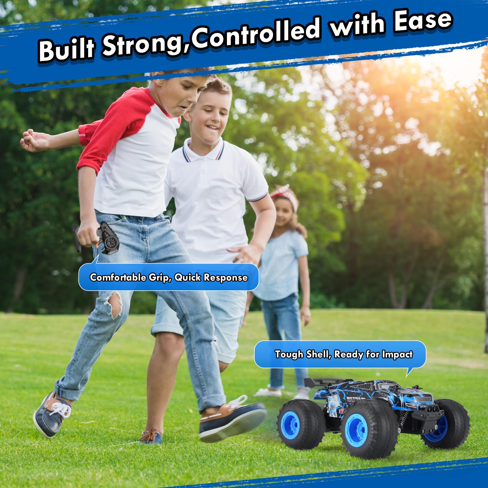 Remote Control Car, 1:18 Scale Rc Cars, All-Terrain RC Truck with LED Light, 20KM/H, Rechargeable, 2WD, 2.4GHz, Sturdy PVC Shell, Remote Control Truck for Boys 4-7 8-12, Beginner