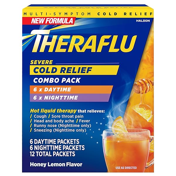 THERAFLU COMBO DAYTIME AND NIGHTTIME SEVERE COLD RELIEF POWDER, HONEY LEMON FLAVOR, 12 COUNT, 6 DAYTIME + 6 NIGHTTIME