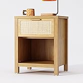 YAUKOMEL Rattan Nightstand, Farmhouse Bedside Table with Opening Storage,Large Side Table with Drawer,Boho Night Stand,Wooden End Table,Handmade Solid Wood Handle,Natural CTG65Y