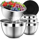 DUTZUN Mixing Bowls with Lids Set, Stainless Steel Mixing Bowls with Colander, Strainer with Mixing Bowl Set, Kitchen Gadgets Bowl Christams Gift, Size 4.5, 2.5, 2, 1.5QT - Black