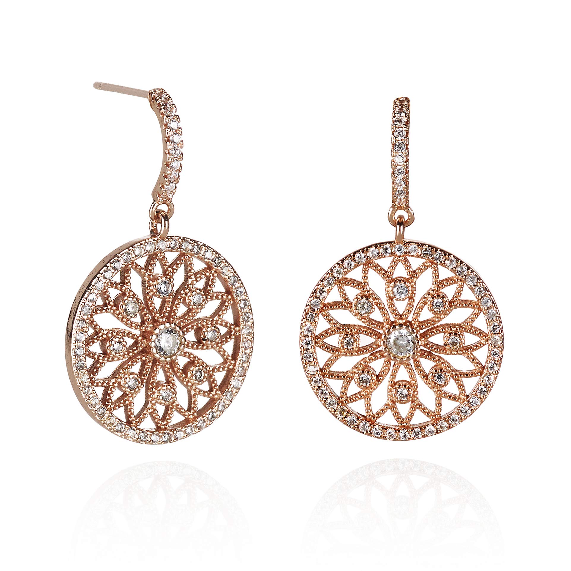 Namana Mandala Arabesque Drop Earrings. Earrings for Women set with Cubic Zirconia Gemstones on Intricate Filigree Details. Rose Gold Dangly Earrings for Women with Gift Box
