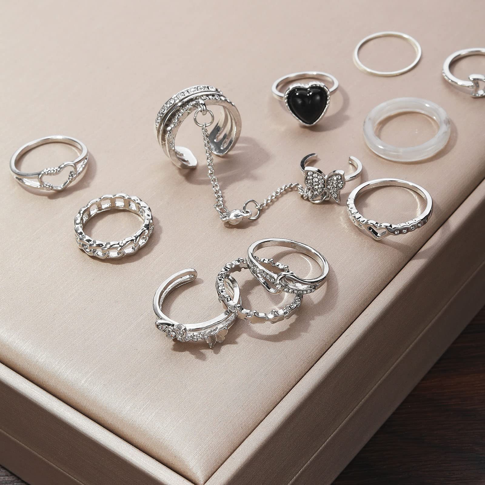 IFKM 36 PC Silver Plated Jewelry Set With 3 Necklace, 12 Bracelet, 7 Ear Cuffs Earring, 14 Knuckle Rings For Women Girls Valentine Anniversary Birthday Friendship Gift