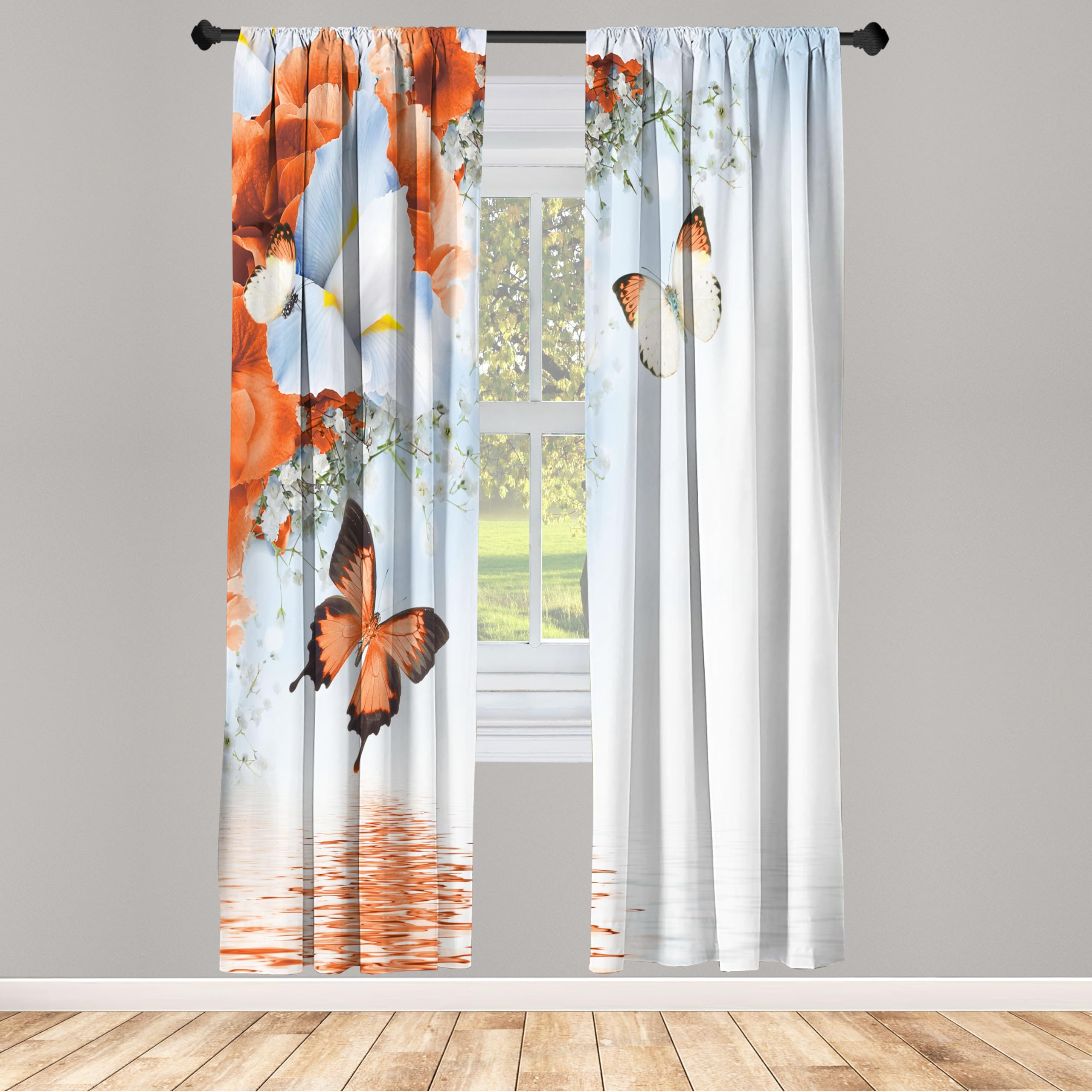 ABAKUHAUS Floral Window Curtains, Nature Theme Wild Flowers Monarch Flying Butterflies Lily on Lake Therapy Spa, Lightweight Decorative 2-Panel Set & Rod Pocket, 150x175 cm, Burnt Orange