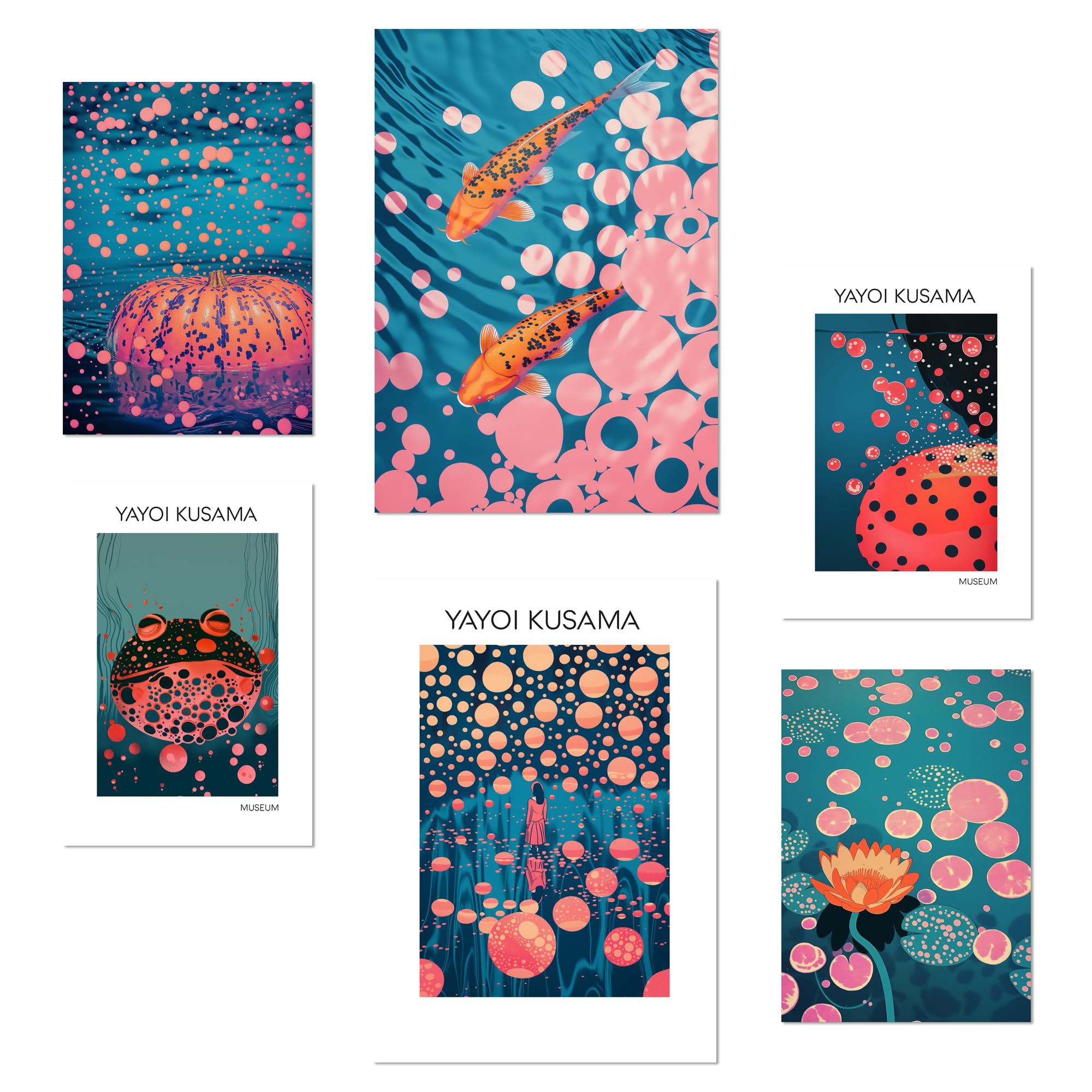 Nacnic Set of 6 Yayoi Kusama Fish Pumking Japanise Posters with design illustration to decorate the walls of home. Rooms, office, shop and business. Painting in A3 and A4 size. Frameless.