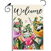 ZAEW Welcome Spring Sunflower Cosmos Flowers Gnomes Garden Flag Summer Seasonal Yard Flag 12x18 Inch Double Sided Small Mini Yard Outdoor Outside Holiday Decoration