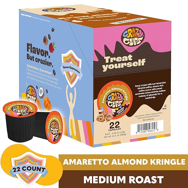 CRAZY CUPS AMARETTO COFFEE PODS, AMARETTO ALMOND KRINGLE FOR K CUP KEURIG MACHINES, BREW HOT OR ICED, 22 COUNT