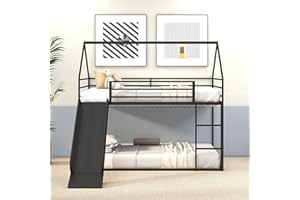 Morhome Twin Over Twin Junior Metal Floor Bunk Bed with Slide, Twin Size House Bunk Bed Frame with Ladder and Roof for Kids Boys Girls, No Box Spring Needed, Space-Saving
