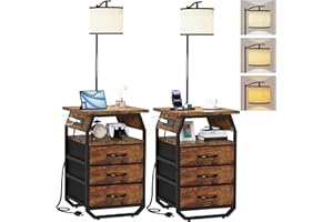 runjuly Floor Lamp with Table Set of 2, End Tables with Lamps Attached 3-Color Temperature Bulb, Side Table with Lamp with 3 Drawers & Charging, Lamps Tables Combo for Bedroom, Dorm - Rustic Brown