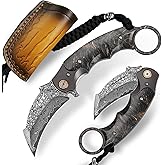 Minowe Handmade Damascus steel Folding Pocket EDCKnife,with cowhide sheath And pocket clip,2.8in blade Claw Hawkbill Folding Knife,Lining lock, wooden handle,Outdoor survival first-aid camping knife