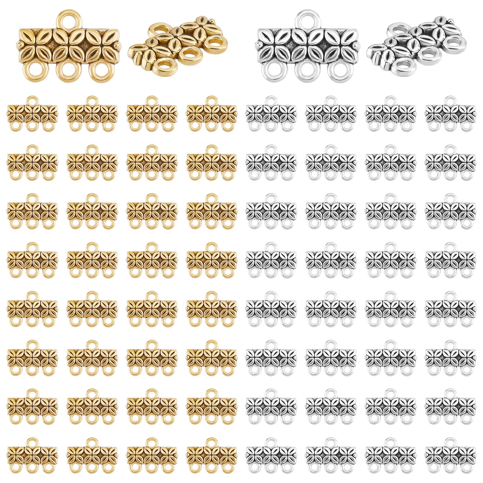 PH PandaHall 2 Colors 3-Layer Clasp, 80pcs Chandelier Components Links Tibetan Alloy Multi Strand Bracelet Necklace Layer Clasp for Multilayer Necklace Dangle Earring Making