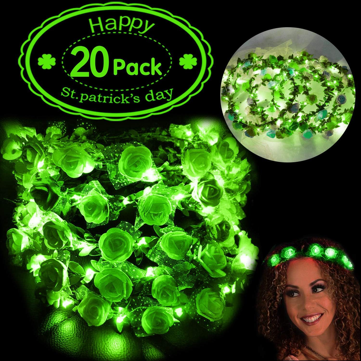AMENON 20 Pack St. Patrick's Day Accessories LED Headband Flower Crowns Green Glow Flower Crowns St Patricks Day Party Favors for Kids Adults Saint Patricks Day Irish Party Accessories