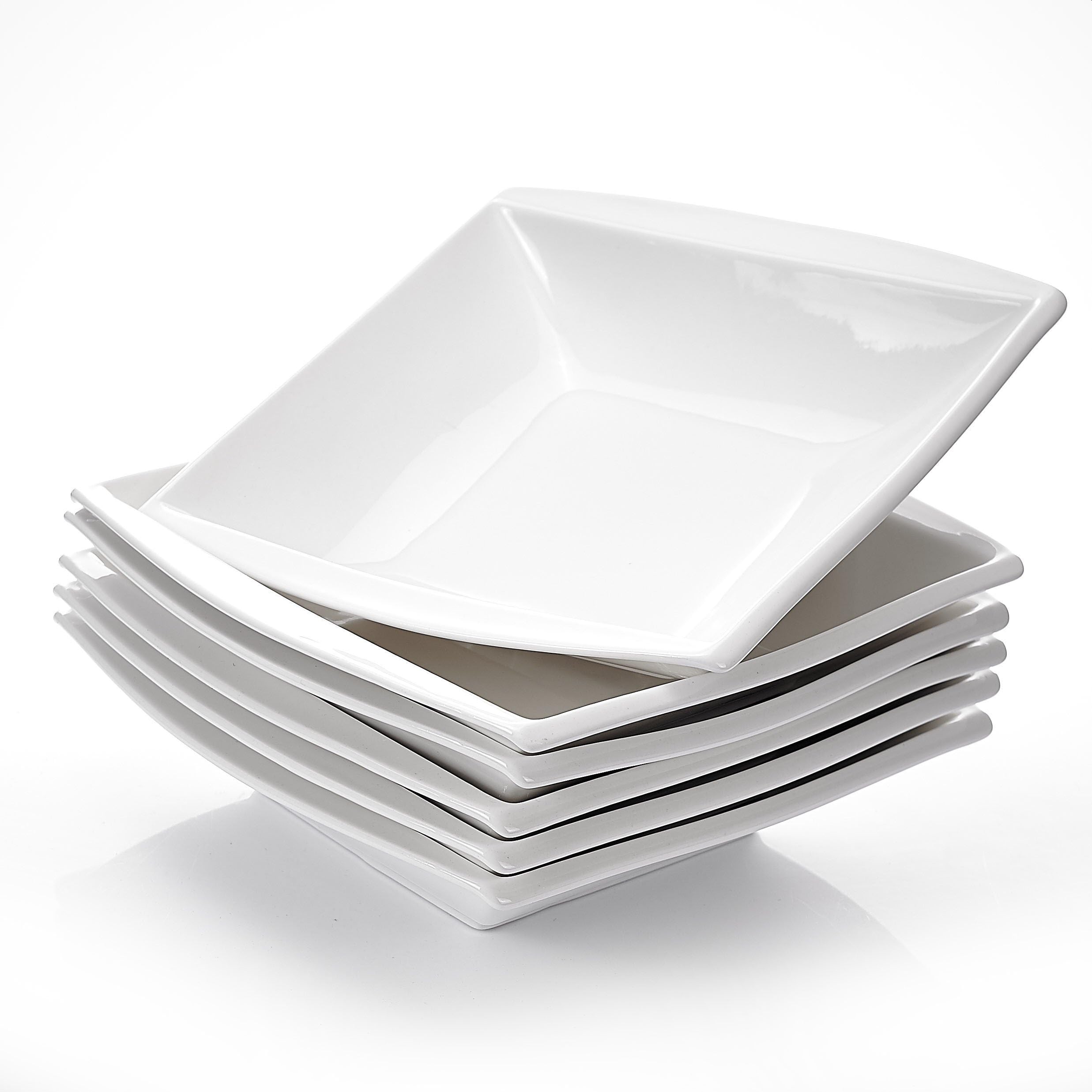 MALACASA, Series Blance, 6-Piece 8.5" Ivory White Porcelain Soup Plate Soup Bowl Deep Plates, 21.5CM X 21CM X 5CM
