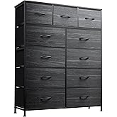 WLIVE Tall Dresser for Bedroom, Fabric Dressers Storage Tower, Dresser & Chest of Drawers with 11 Drawers, Storage Cabinet, Hallway, Closets, Steel Frame, Wood Top, Charcoal Black Wood Grain Print