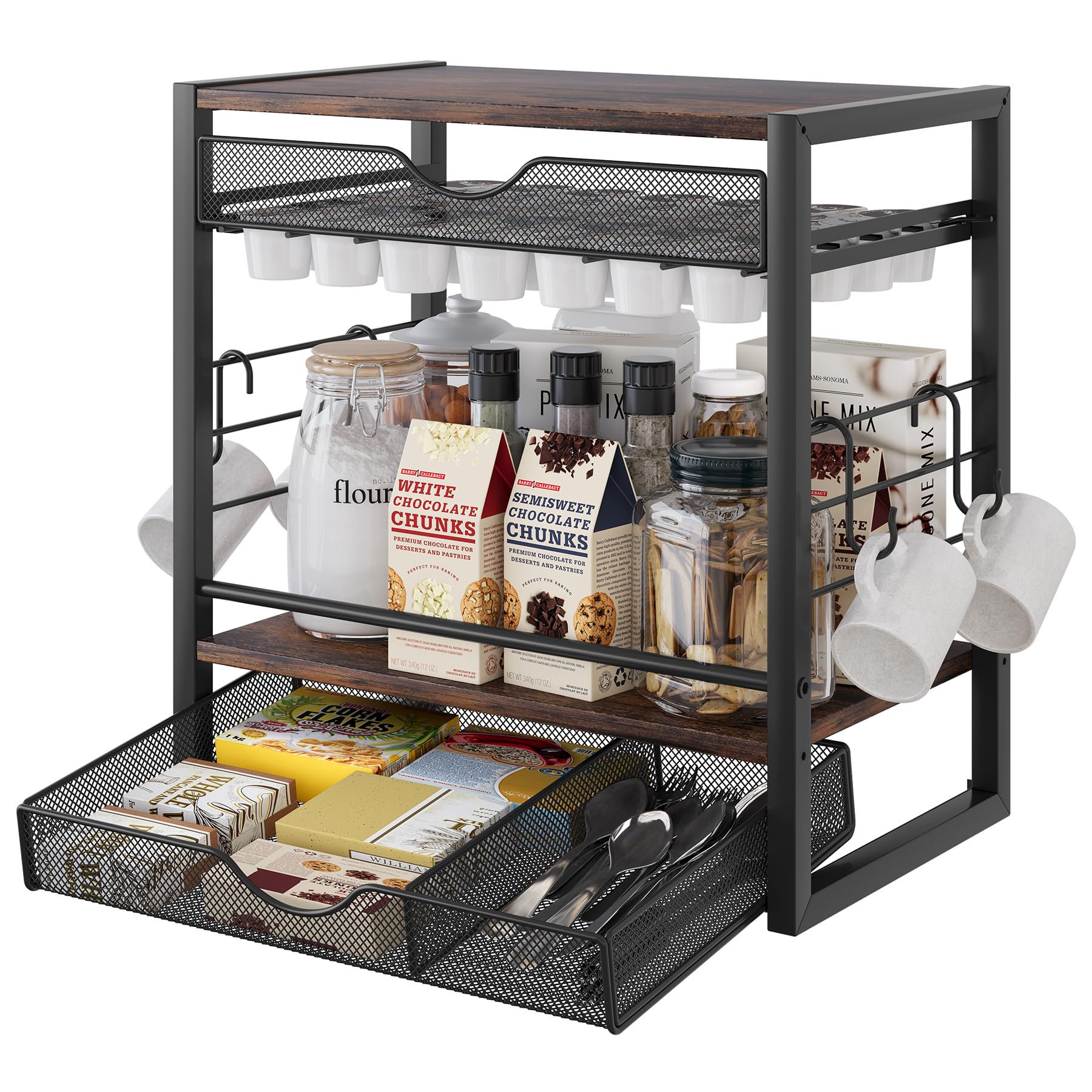 Photo 1 of TQVAI Coffee Bar Organizer for Countertop 3-Tier 70 Capsules Coffee Station Organizer with Sliding K Cup Drawer & 4 Coffee Cup Hooks for Coffee Bar Accessories, Black