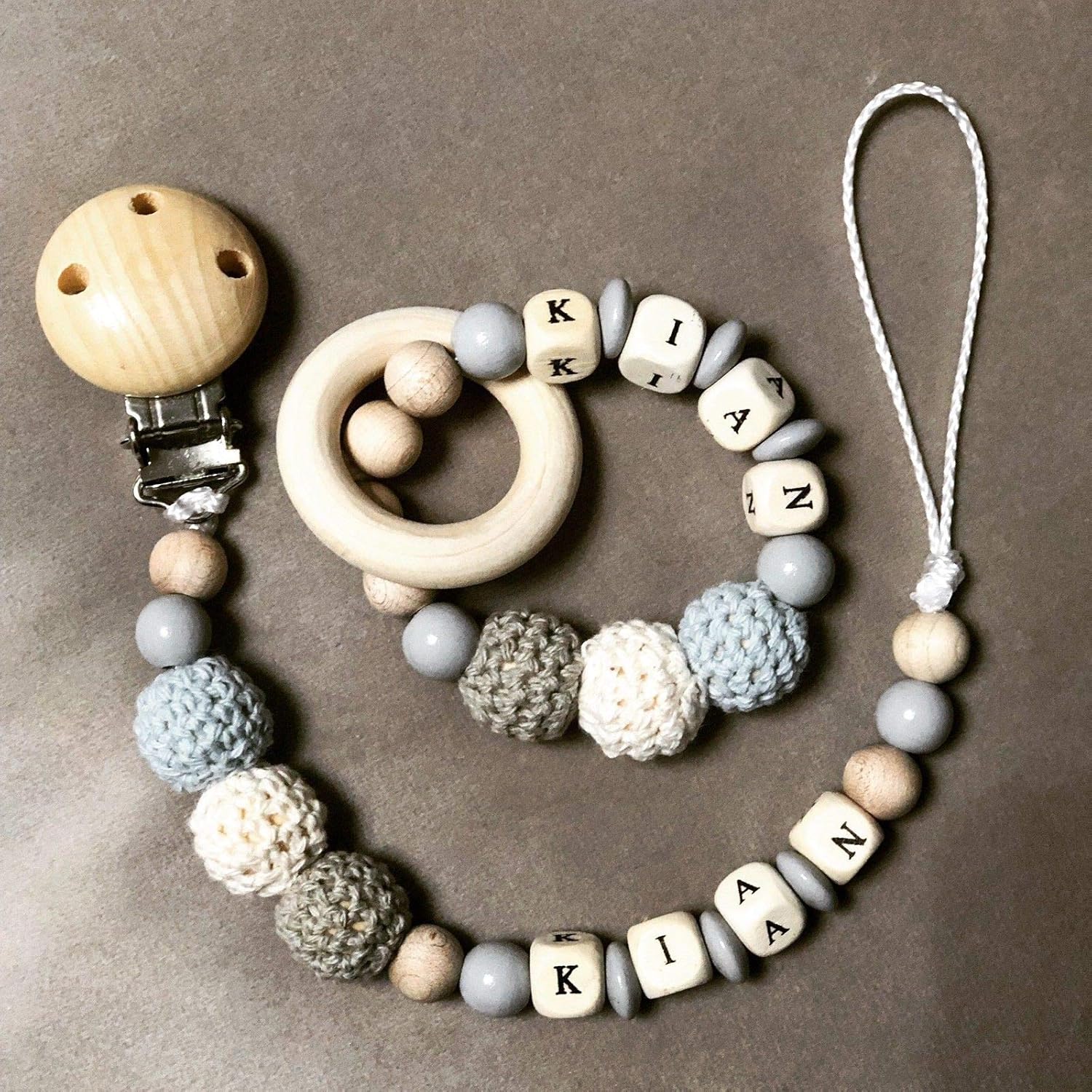 Pflege Schnullerkette mit Namen ★ Häkelperle Wolke ★ Natur Holz Rosa
