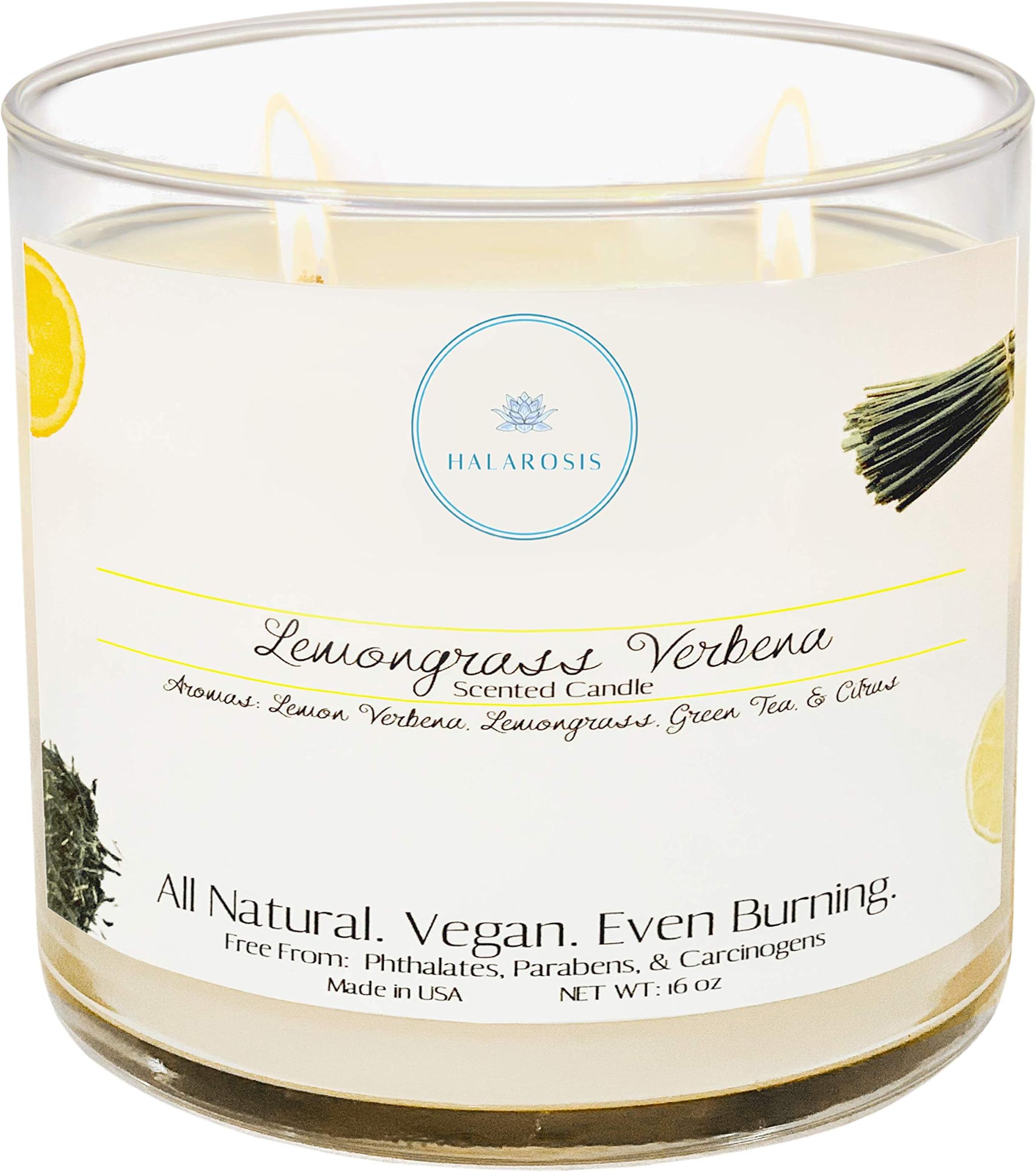 Halarosis All Natural Soy Candle, Even Burning and Long Lasting with Dual Cotton Wick, (Lemongrass Verbena) 16 oz.