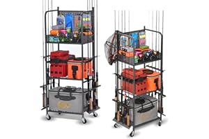 Lezbanz Heavy Duty Fishing Rod Rack, Fishing Organizer for Garage, Fishing Gear Holder for Garage with Movable Wheels