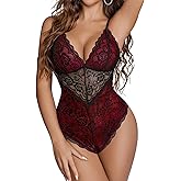 Avidlove Lingerie for Women One Piece Snap Crotch Teddy Bodysuit Contrast Lace Mini Babydoll