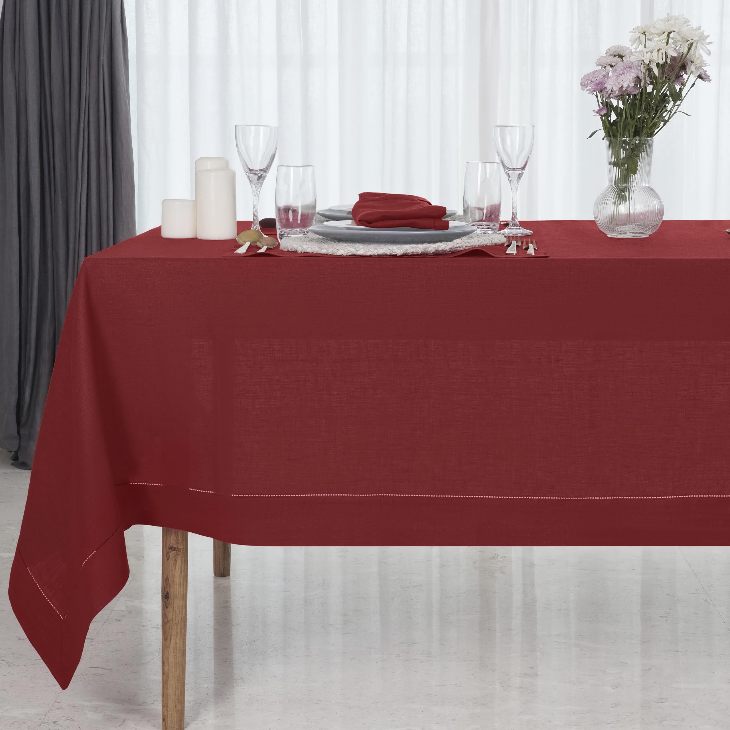 D'Moksha Homes Red Linen Tablecloth 153 x 275 CM - 100% Pure Linen Red Table Cloth for Rectangle Tables - Classic Hemstitch, Machine Washable Tablecloth for Dining, Spring