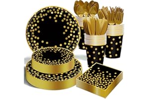 OUNIY 175PCS Black and Gold Paper Plates Party Supplies for 25 Guests Disposable Party Decorations Dinnerware Golden Dot Black Paper Plates Napkins Cups Gold Plastic Forks Knives Spoons for Parties