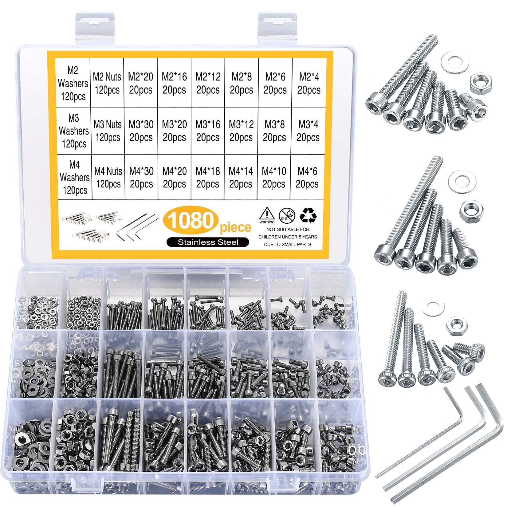 Hex Socket Head Cap Screws, 1080pcs M2 M3 M4 Stainless Steel Bolts and Nuts with Washers, Machine Thread Assortment Kit for DIY & Repair โ image 1
