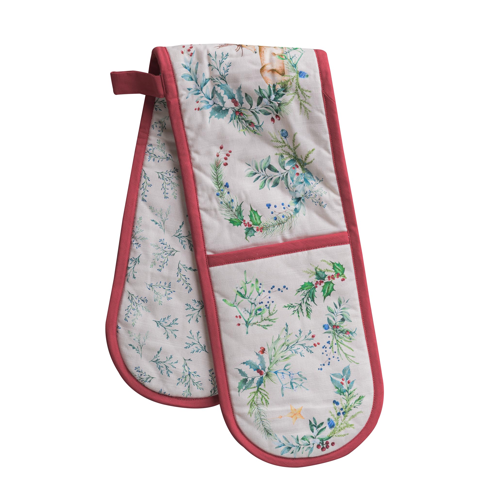 Maison d' Hermine Double Oven Mitt (7" x 35") 100% Cotton Heat Resistant BBQ Cooking Gloves with Loop for Thanksgiving Christmas Decorations Baking Cooking Barbeque Handling Hot Pan (Holly Time) Image