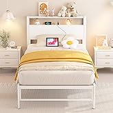 Merronix Twin Bed Frames with Charging Station, 2 Tiers Storage Headboard Twin Sized Bed No Box Spring Needed Heavy Duty Metal Platform, White