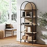 Nathan James Amara Bohemian 5-Shelf Etagere Bookcase, Rattan Open Bookshelf with Arch Top, Light Oak/Matte Black