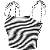 Allegra K Women Rainbow Striped Tie Spaghetti Straps Summer Cami Tops | Stretchy soft jersey. Colorful print. Sleeveless cropped short style.